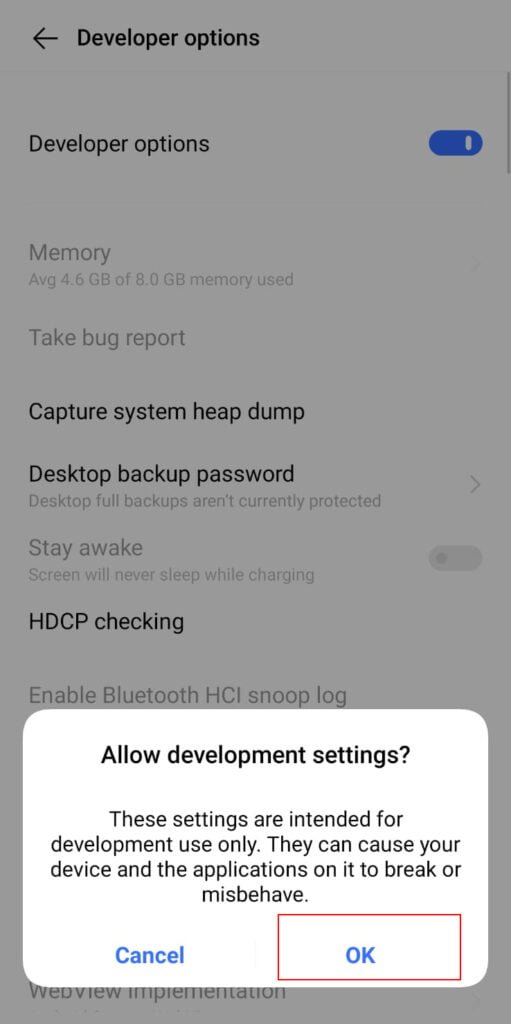 Allow Development settings and hit "OK"